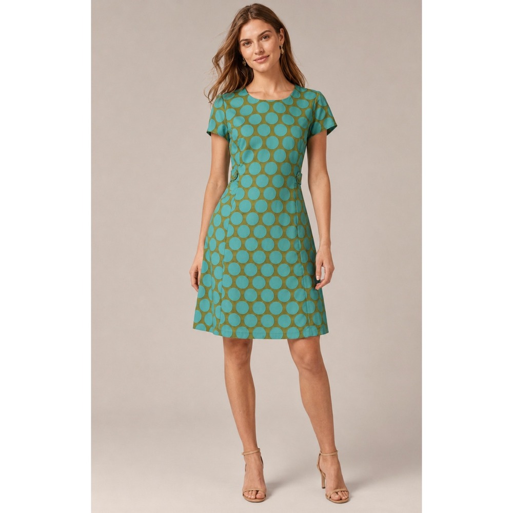 Vtg Boden 60s Circle Shift Dress 4R Teal Olive Green Polka Dot Texture Retro